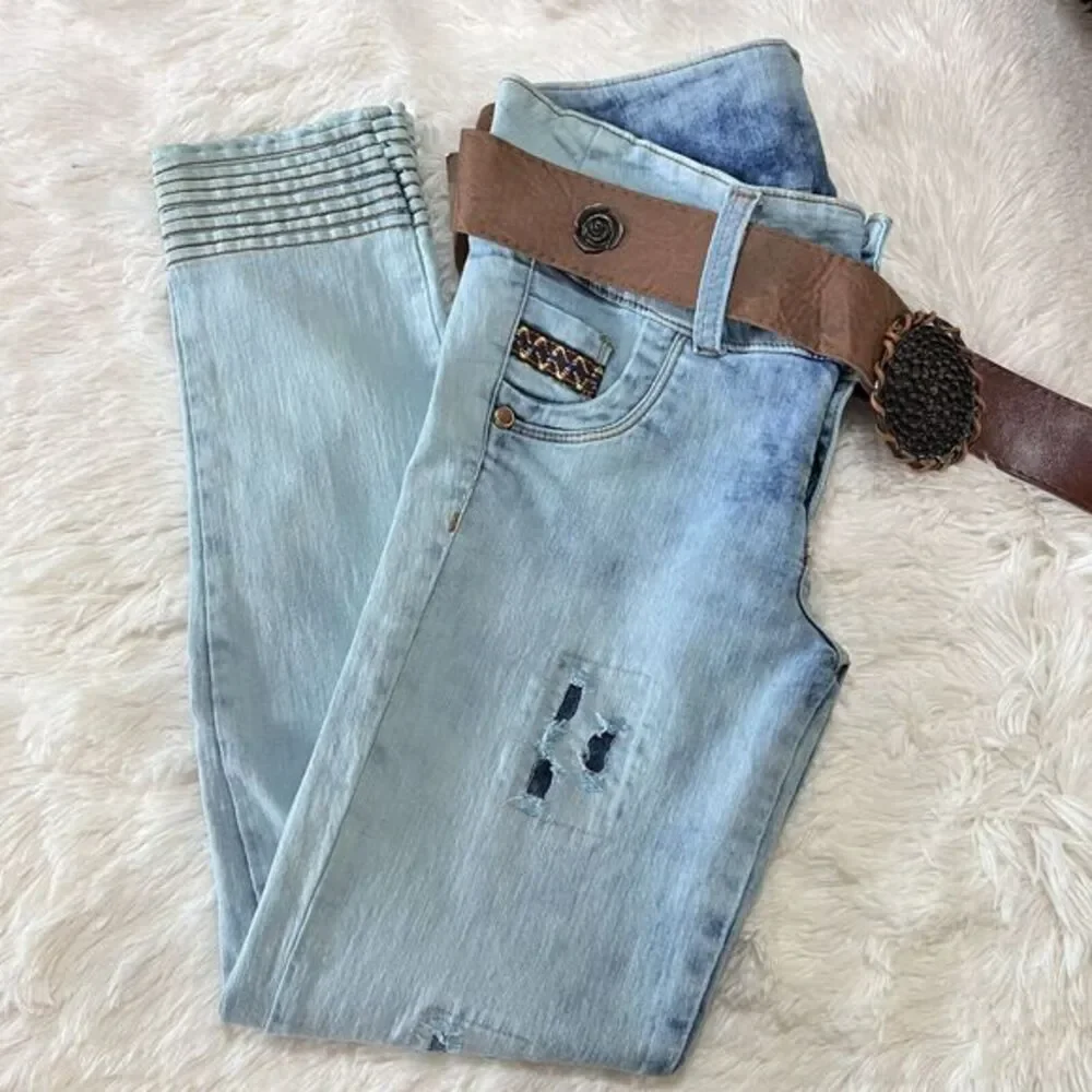 Bambu Women's Jeans‎ Stretch Skinny Destroyed Denim with Belt - 9 US 14 Colombia